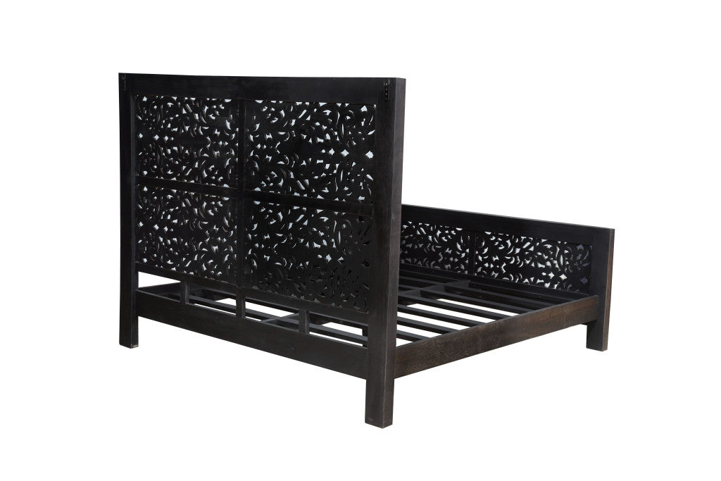 Black Carved Scrollwork Distressed Solid Wood King Bed Frame