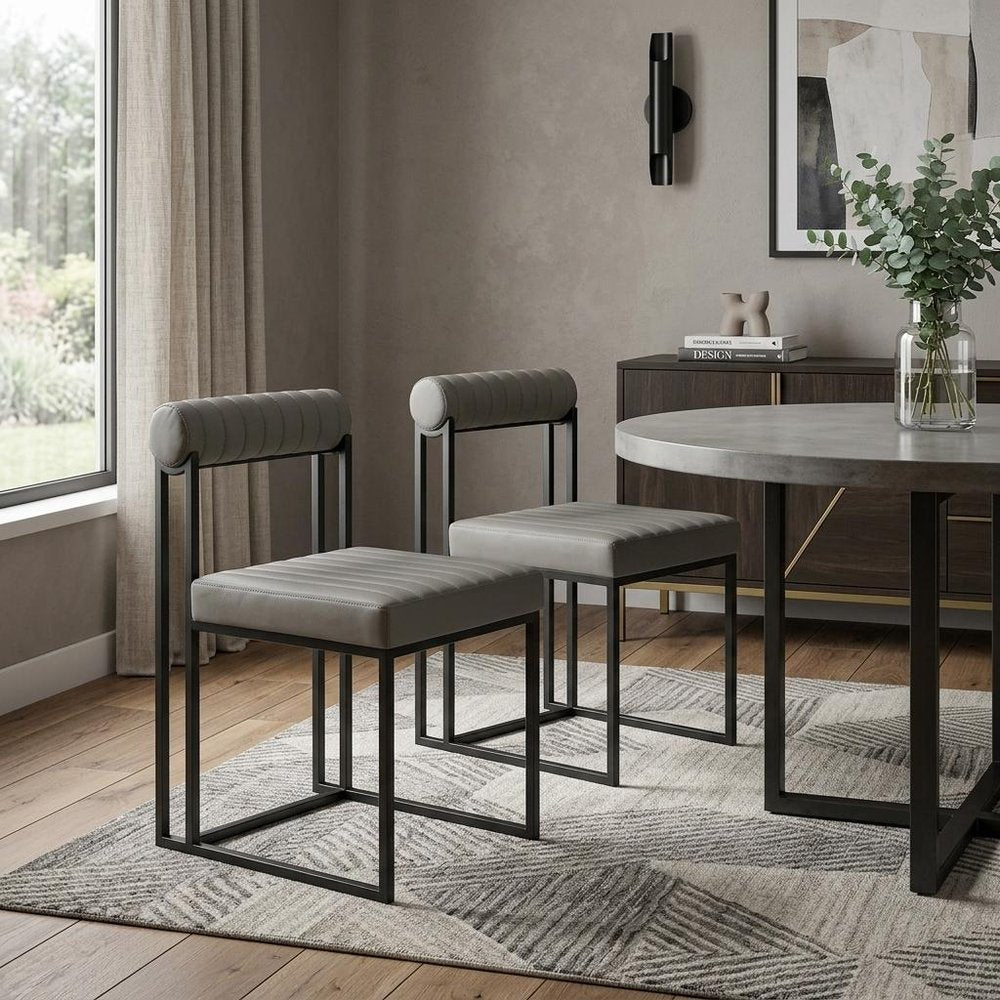 Set of Two Gray And Black Upholstered Faux Leather Open Back Dining Side Chairs