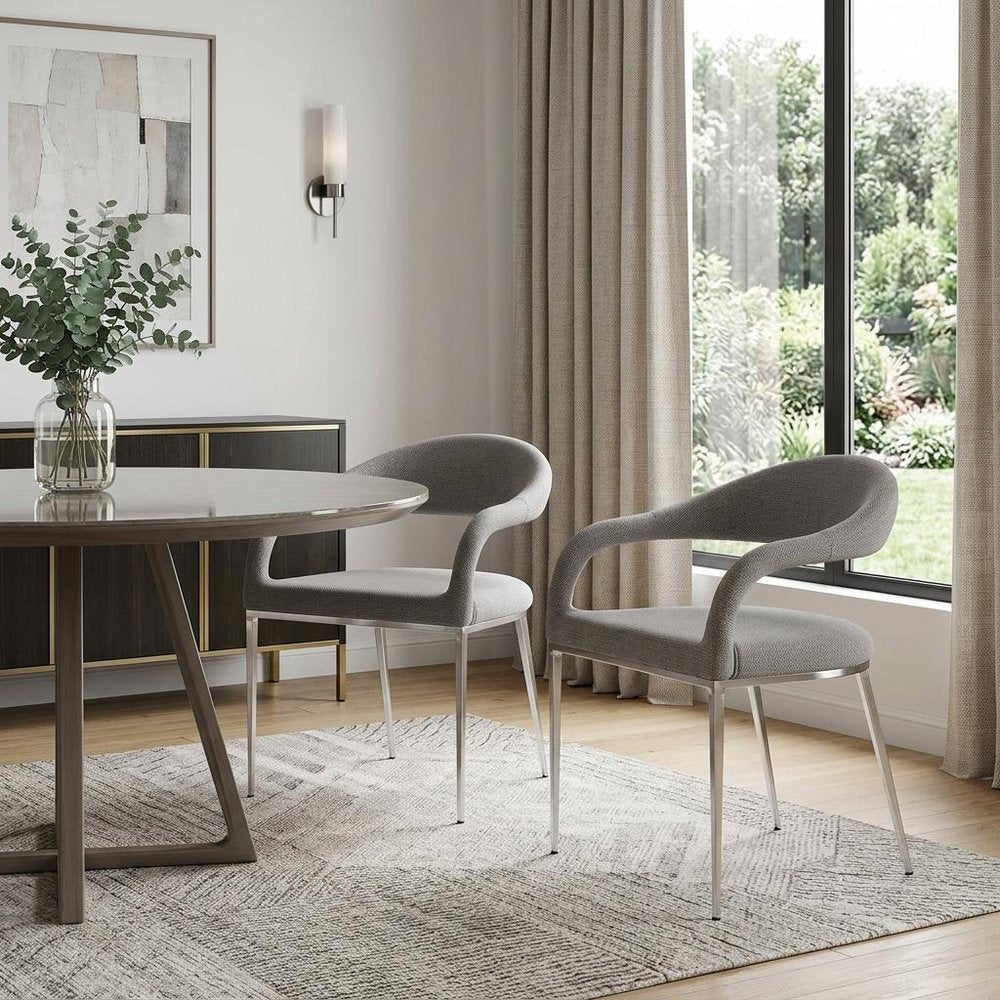 Set of Two Gray And Silver Upholstered Polyester Open Back Dining Arm Chairs