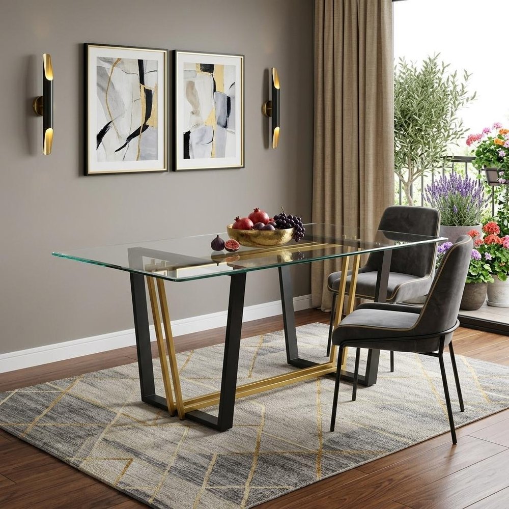 72" Clear And Gold Glass And Iron Sled Base Dining Table