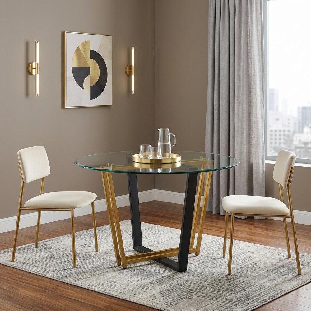 48" Clear And Gold Glass And Iron Sled Base Round Top Dining Table