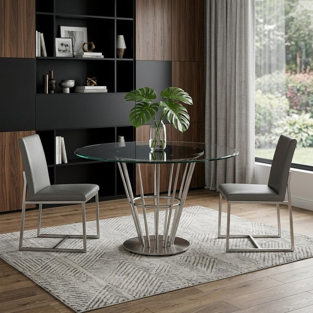 48" Clear And Silver Glass And Stainless Steel Pedestal Base Round Top Dining Table