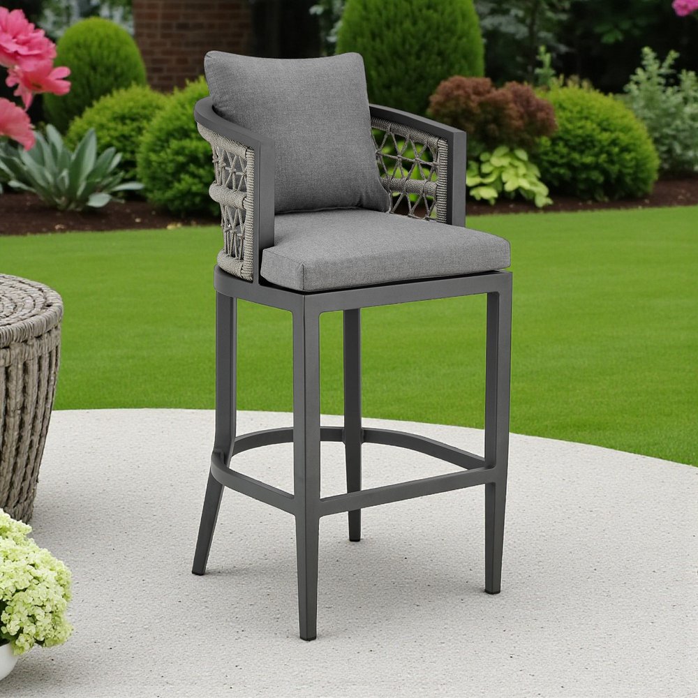 37" Gray Metal Outdoor Counter Height Bar chair with Footrest
