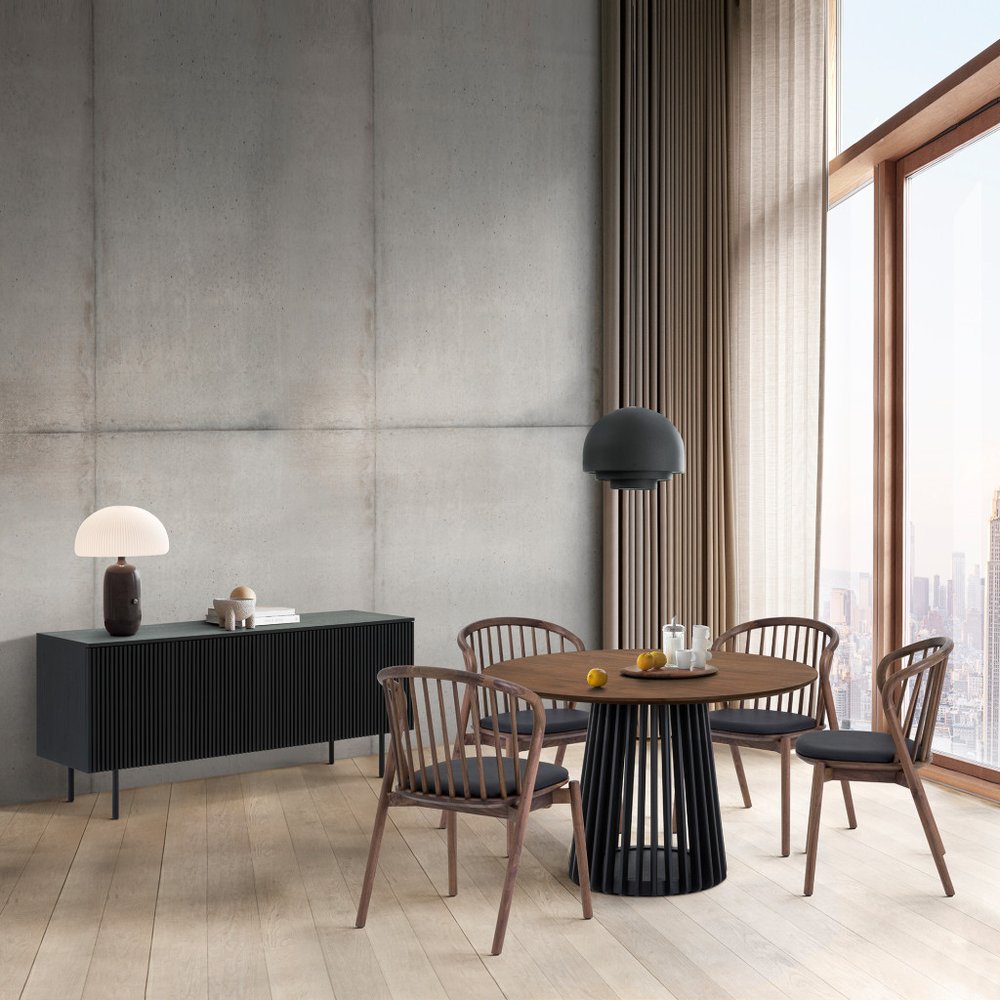 Six Piece Brown and Black Round Dining Set with Four Chairs and Sideboard