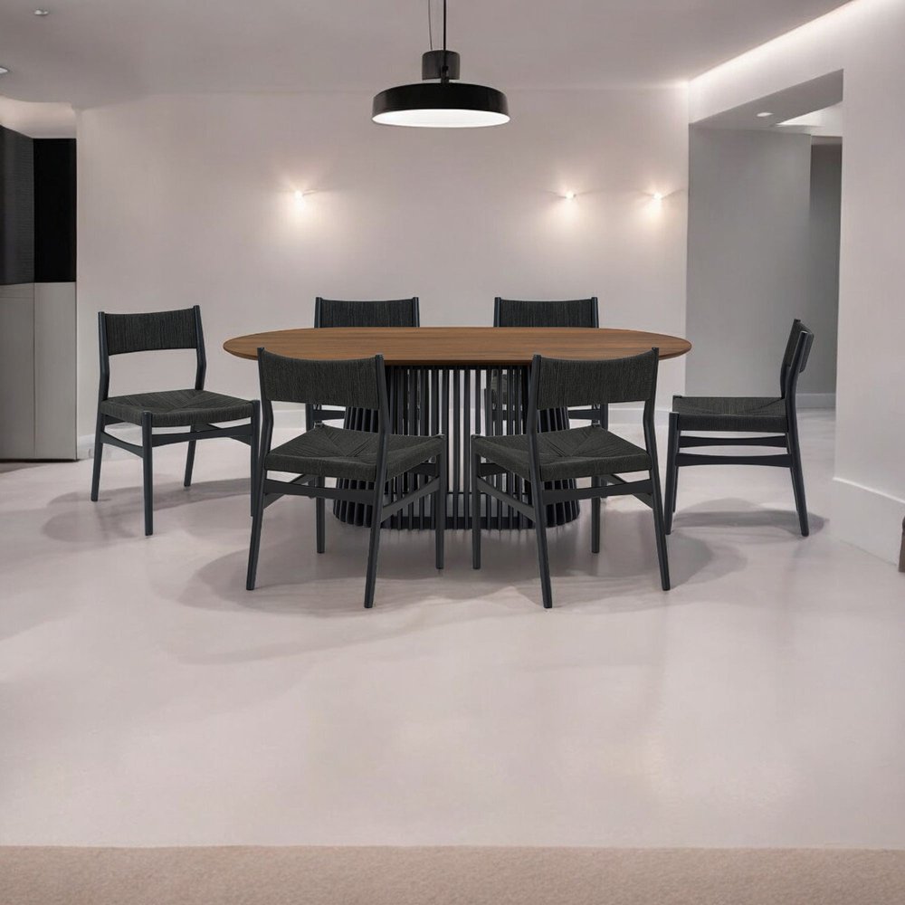 Seven Piece Brown and Black Oval Dining Set with Six Chairs