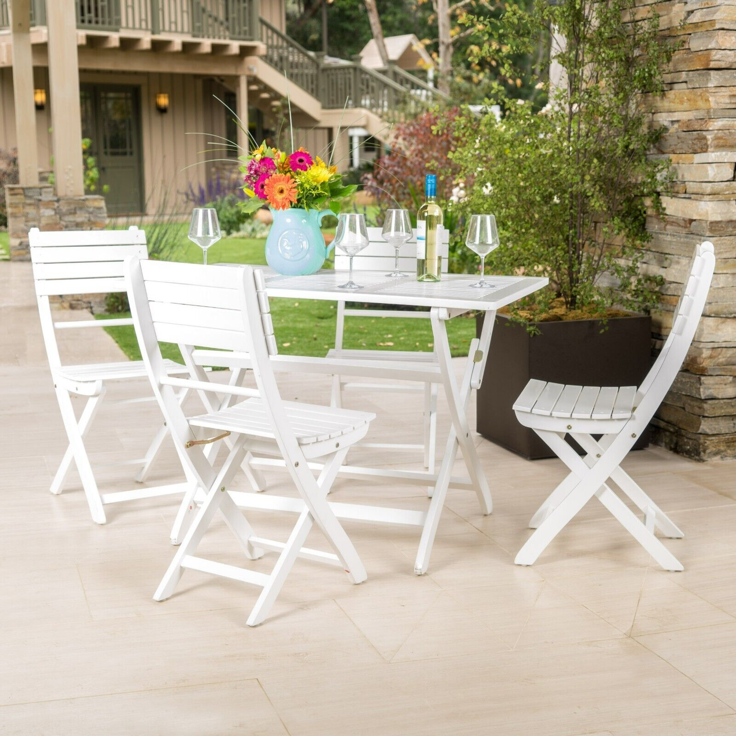 White Outdoor Foldable Dining Set - Acacia Wood, 4 Chairs + 1 Table