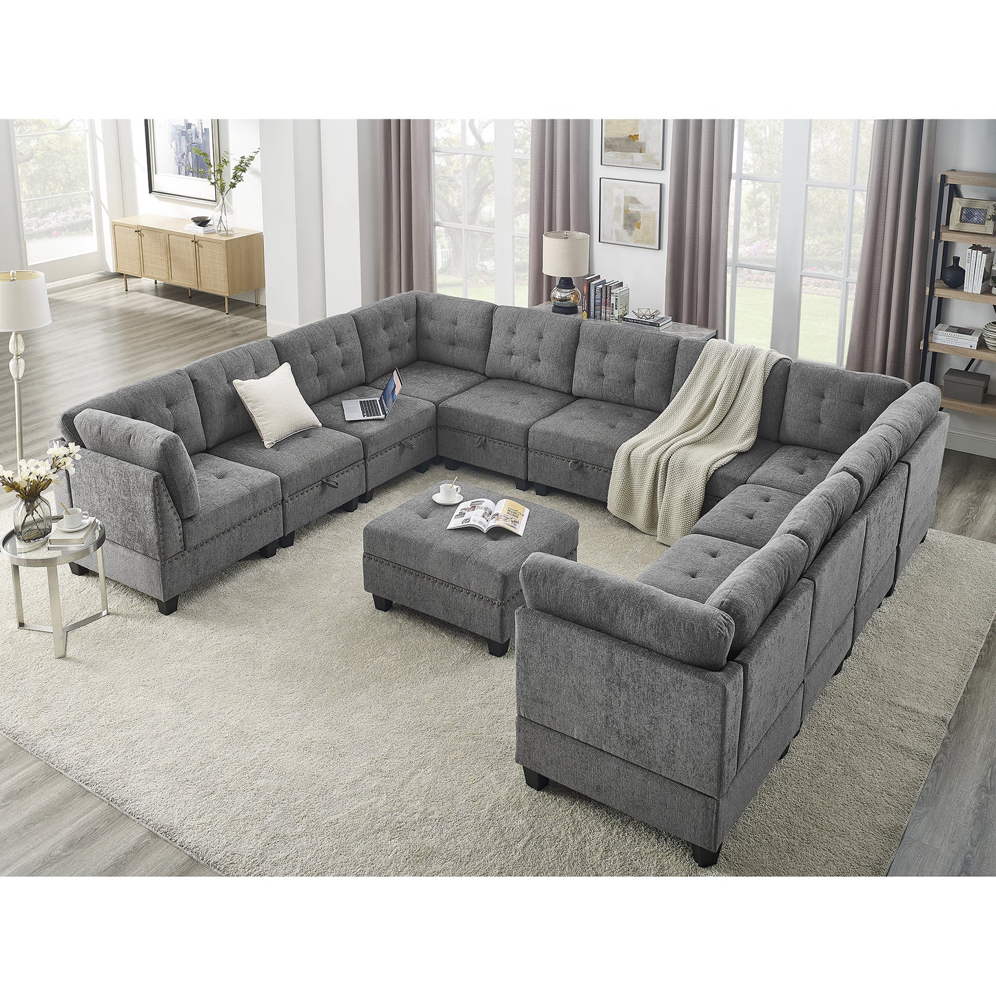 U-Shape Modular Sectional Sofa - DIY Combination, 12-Piece Set in Gray