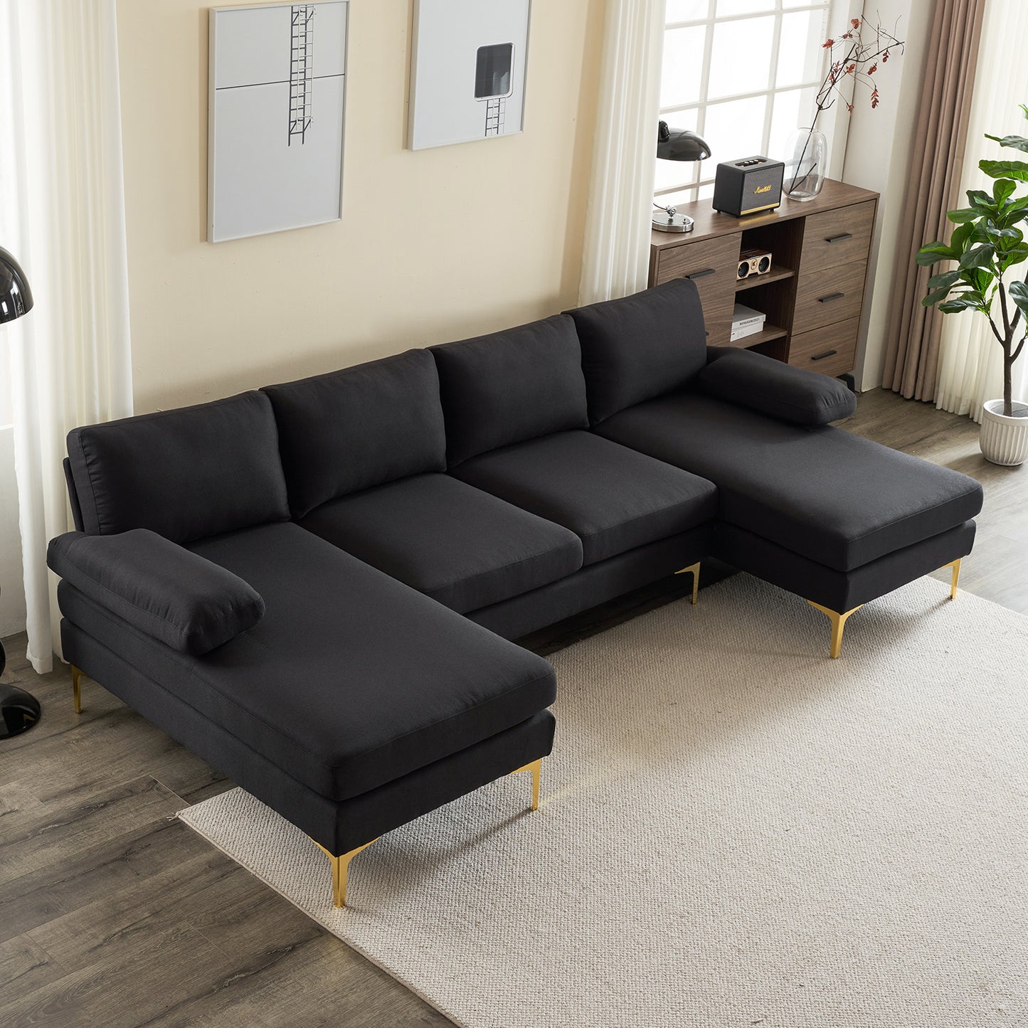U-Shaped 4-Seat Modular Sofa - Black Linen with Golden Feet