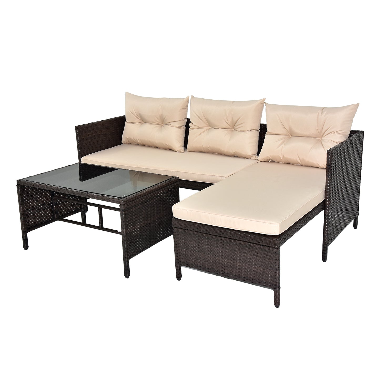 3-Piece Outdoor PE Rattan Furniture Set - Patio Black Wicker Loveseat Sofa