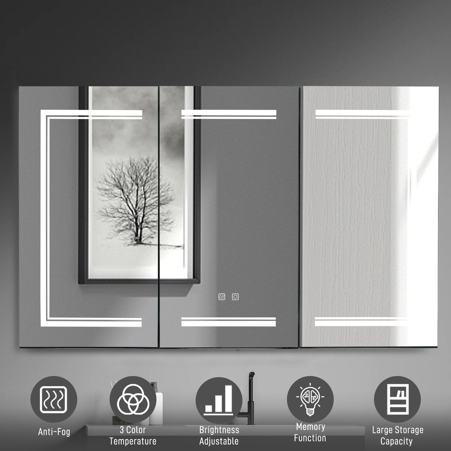 LED Bathroom Wall Cabinet - 3 Door Mirror Cabinet, White