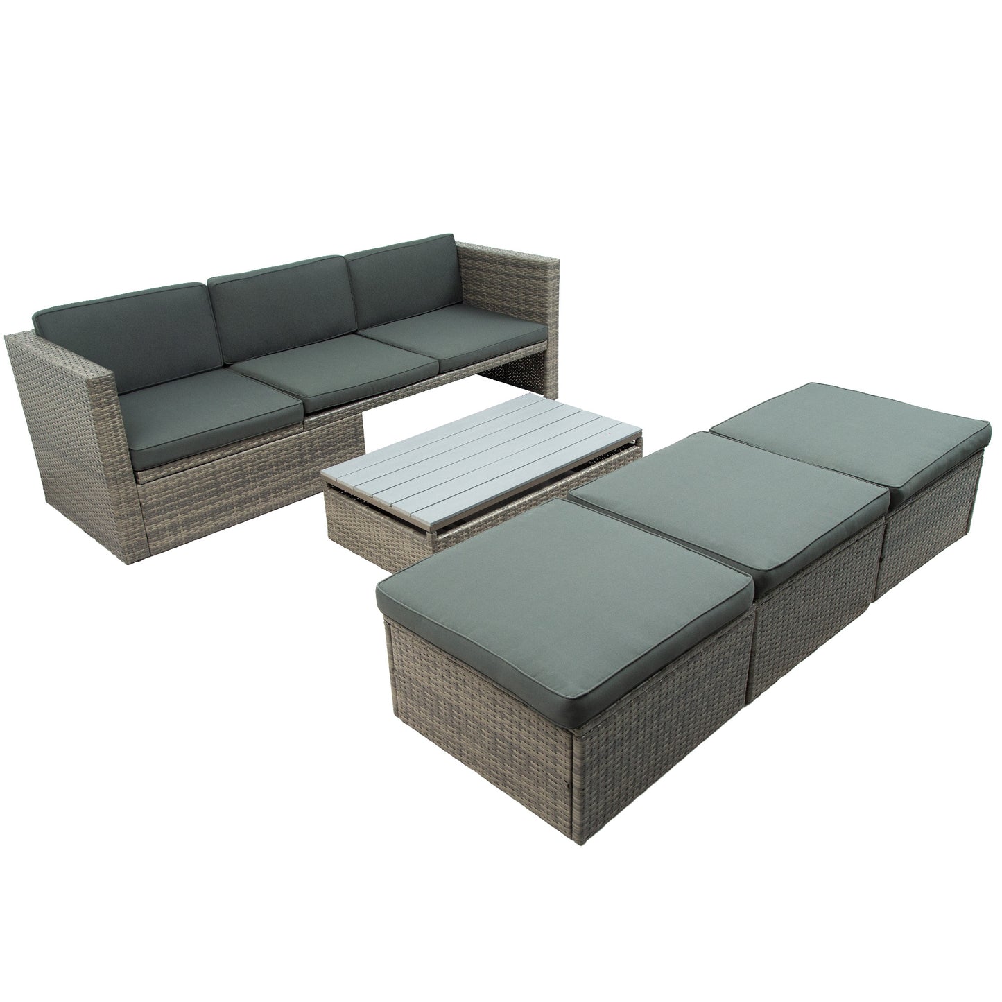 5-Piece Patio Wicker Furniture Set - Sofa, Ottomans & Lift Top Table