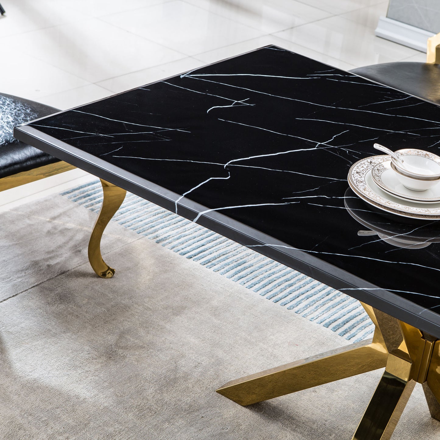 Modern Rectangular Marble Dining Table - 63"L x 35"D x 30"H, Gold Stainless Steel Base