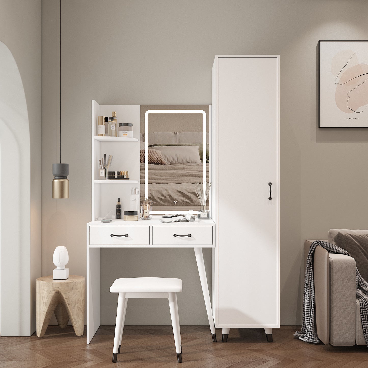Makeup Vanity Table & Slim Armoire Wardrobe Set - White
