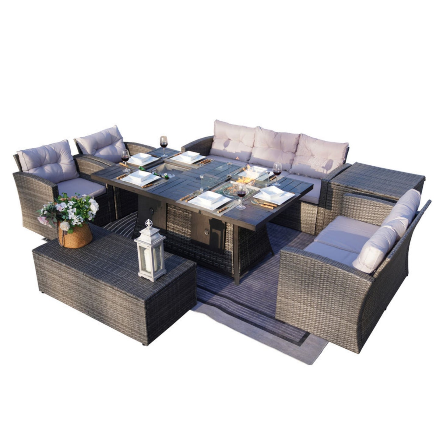 Wicker Outdoor Patio Furniture Set with Rectangular Fire Pit Table
