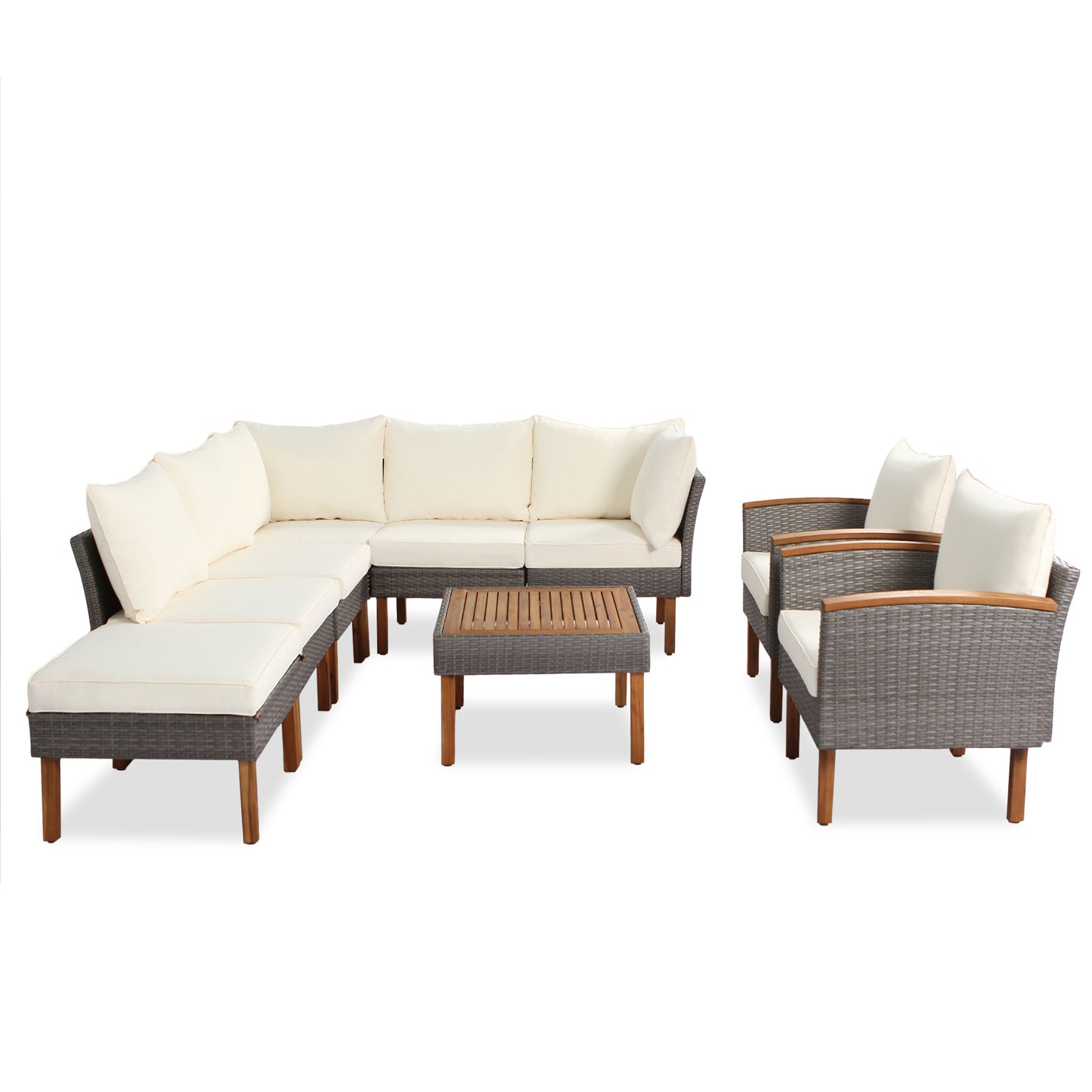 9-Piece Patio Rattan Furniture Set - Acacia Wood Legs & Tabletop