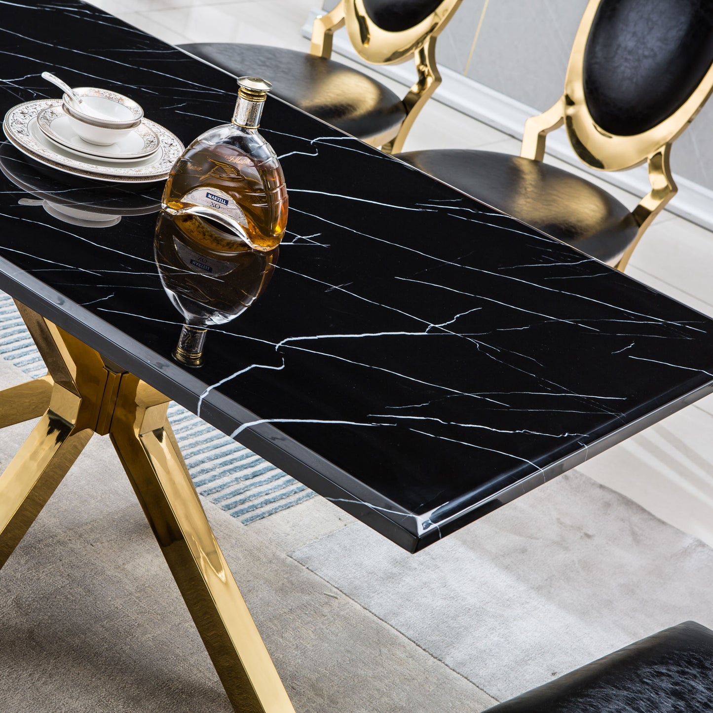 Modern Rectangular Marble Dining Table - 63"L x 35"D x 30"H, Gold Stainless Steel Base
