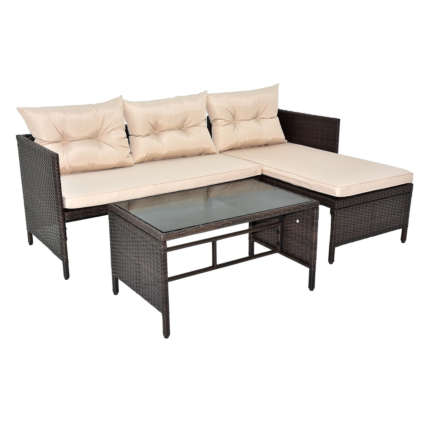 3-Piece Outdoor PE Rattan Furniture Set - Patio Black Wicker Loveseat Sofa
