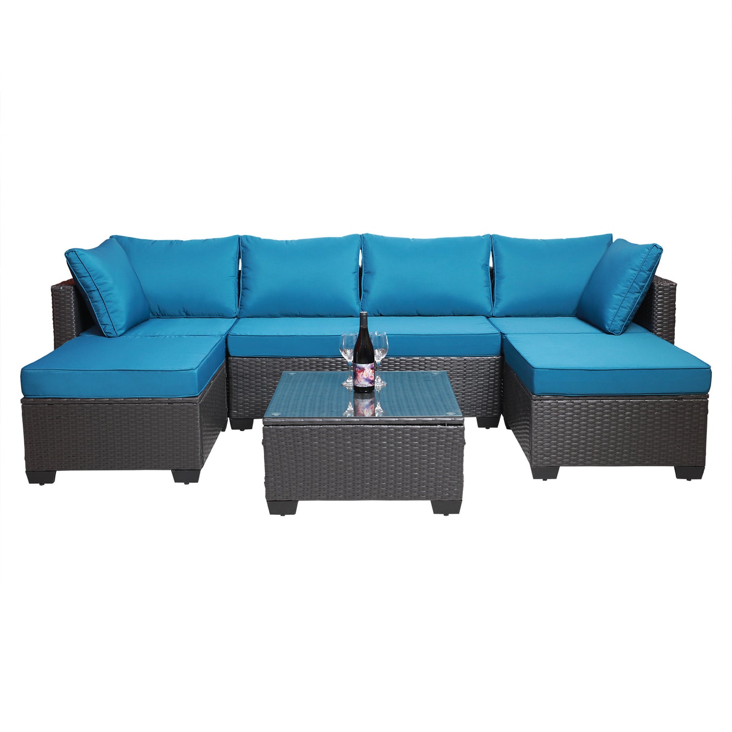 7-Piece Outdoor Garden Patio Furniture - PE Rattan Wicker Sofa Set & Coffee Table