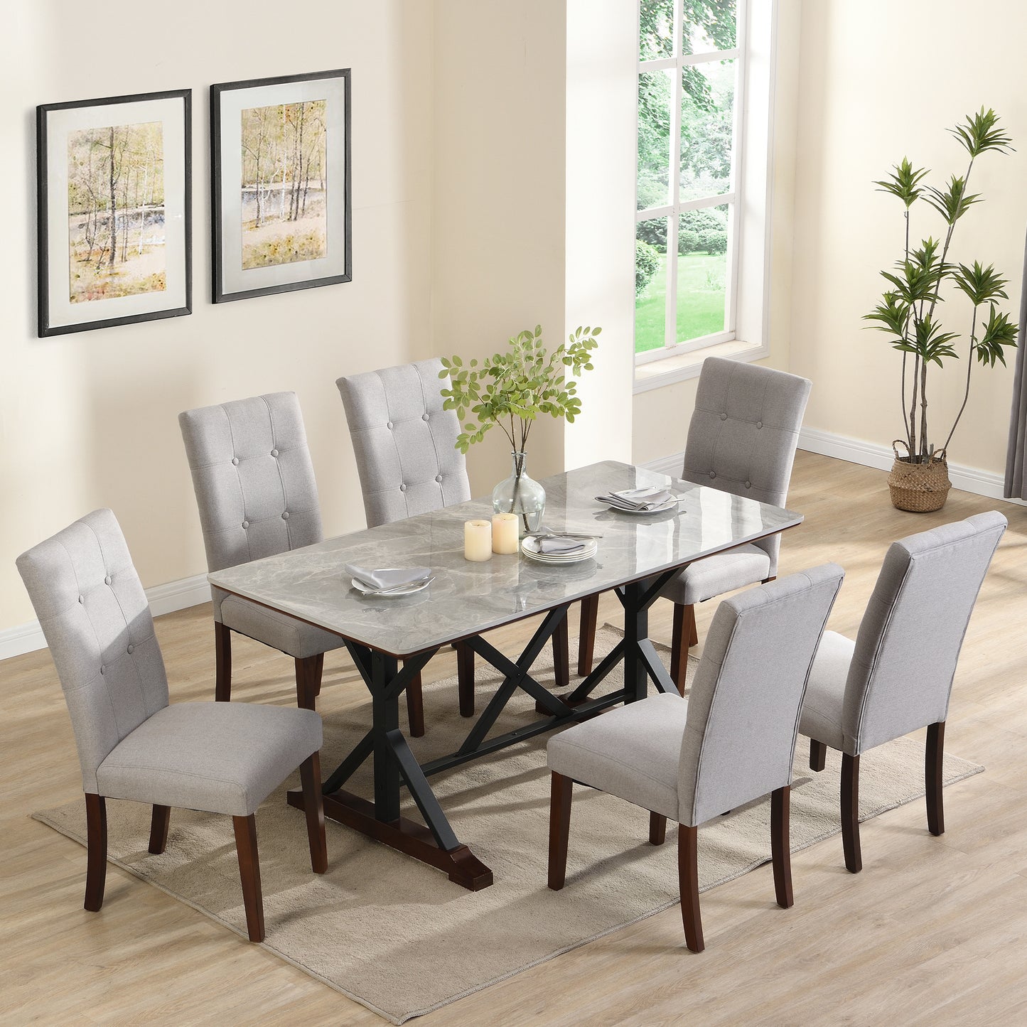 7-Piece Modern Dining Table Set - Gray Sintered Stone & Upholstered Chairs