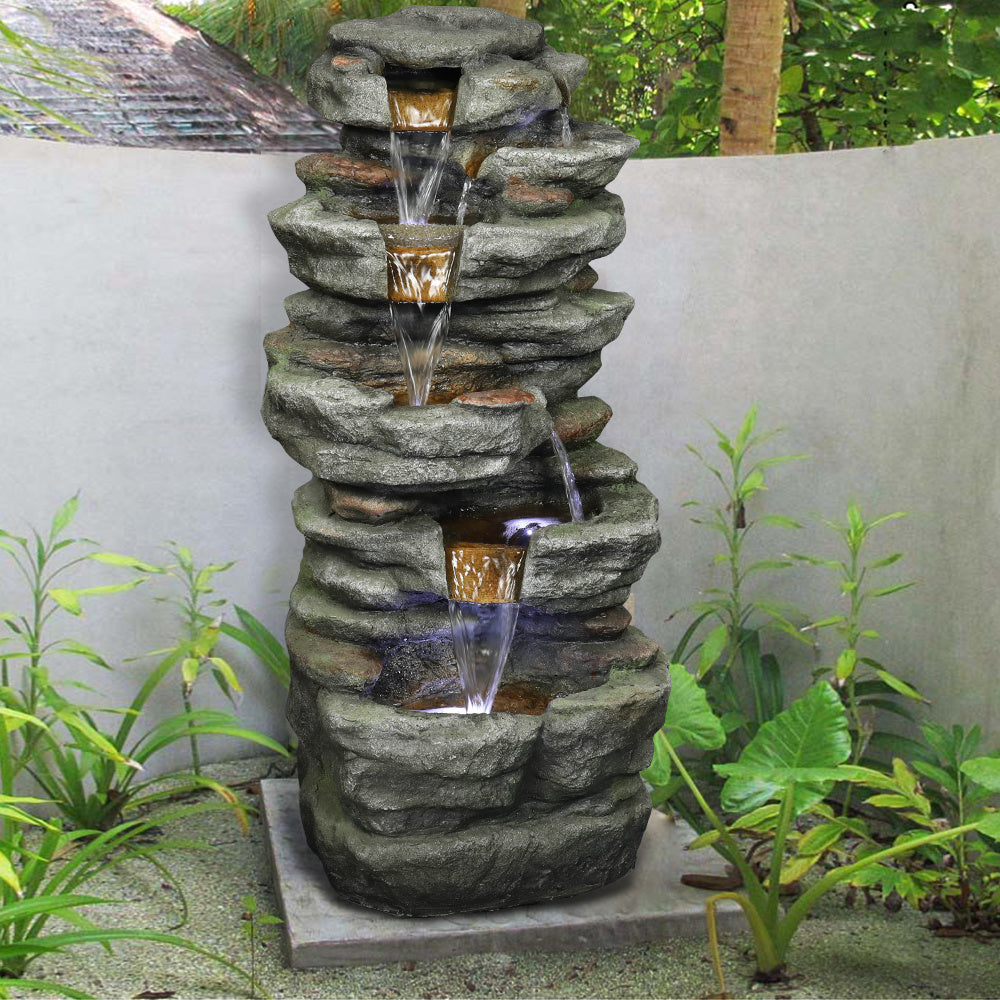 32.6" Rock Water Fountain with LED Lights - Outdoor Decor