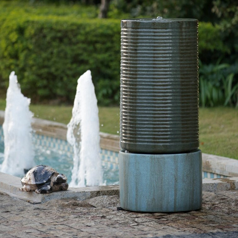 Large 44" Tall Round Green Ribbed Tower Water Fountain - Verge Bronze