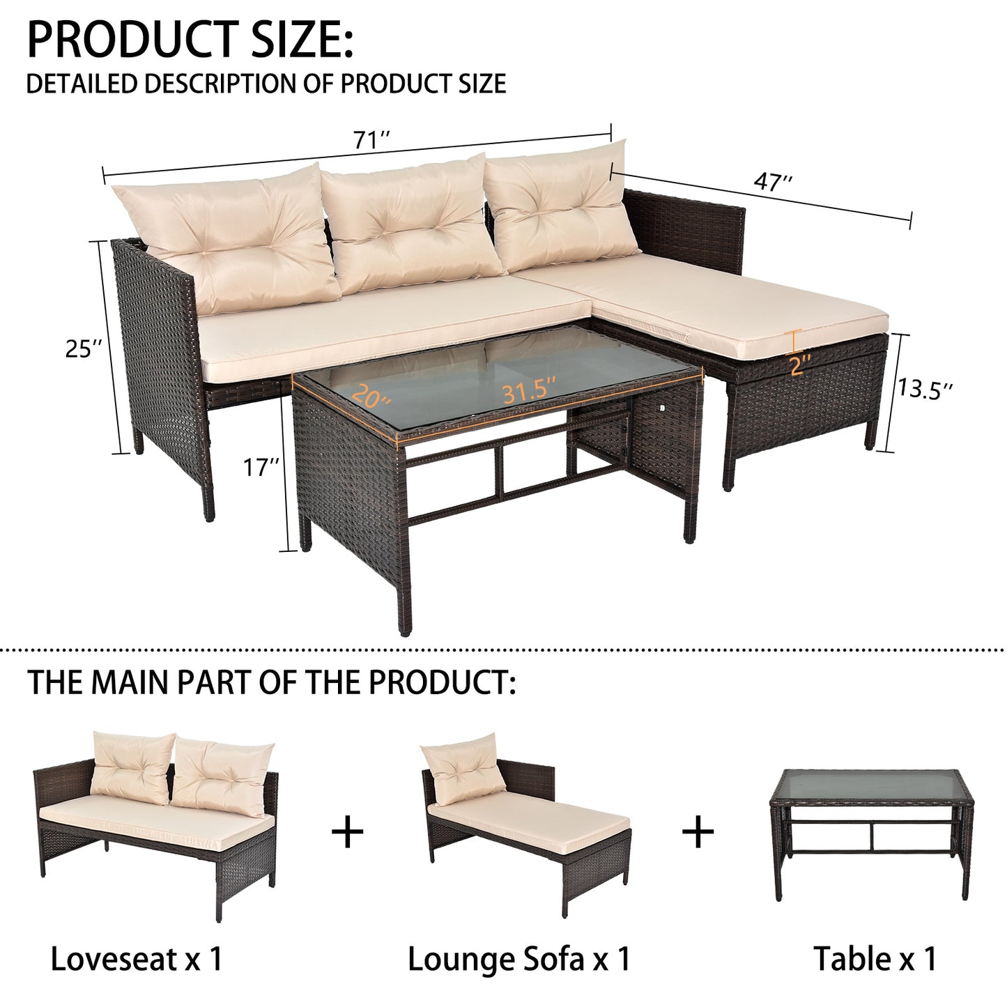 3-Piece Outdoor PE Rattan Furniture Set - Patio Black Wicker Loveseat Sofa