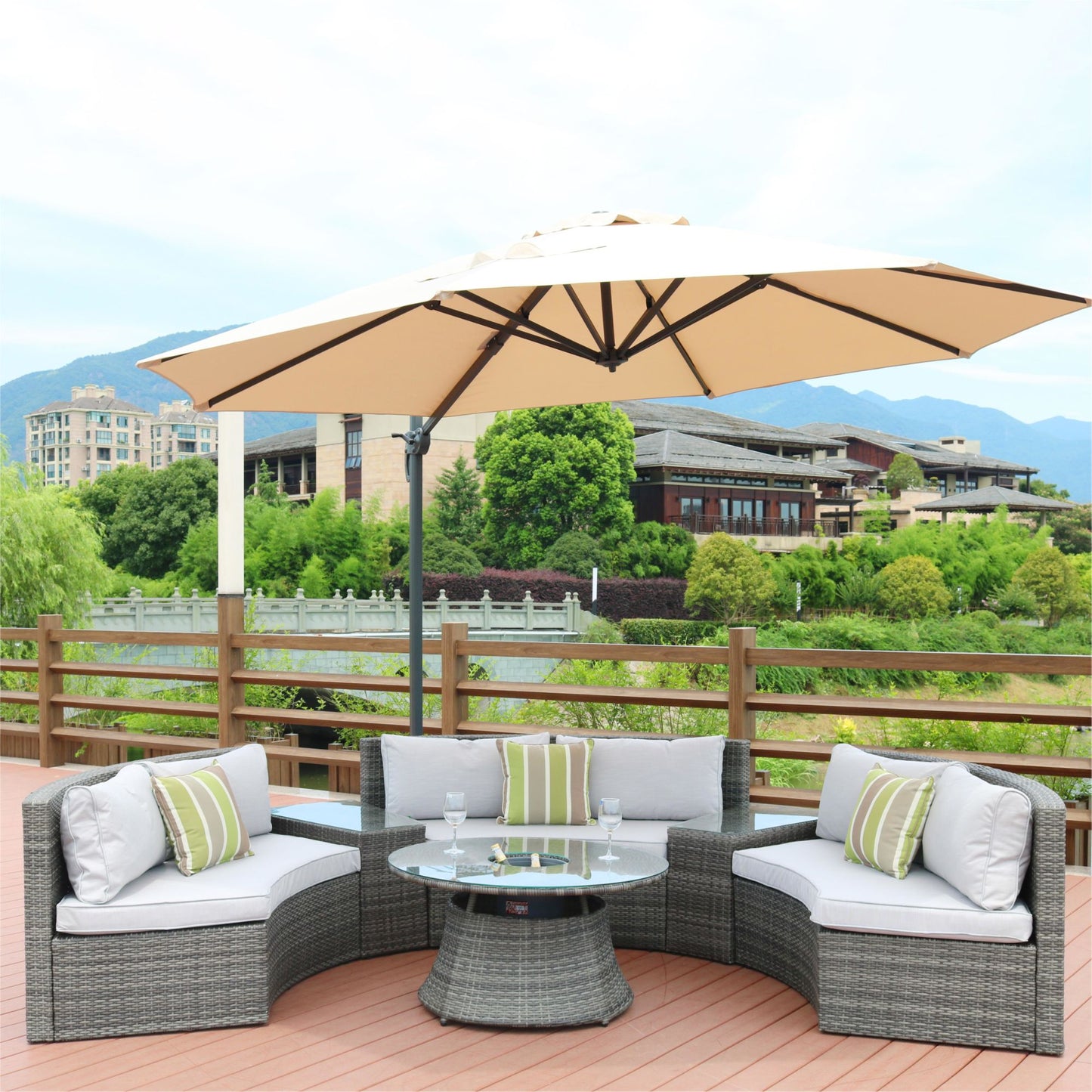 6-Piece Outdoor Furniture Half-Moon Wicker Sofa Set with Cushion and Coffee Table