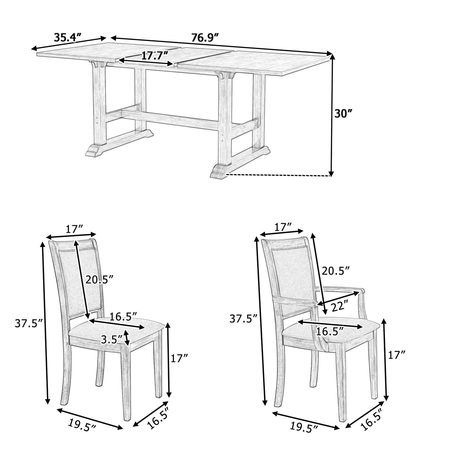 7-Piece Extendable Trestle Dining Table Set - White, 76.9" with Removable Leaf