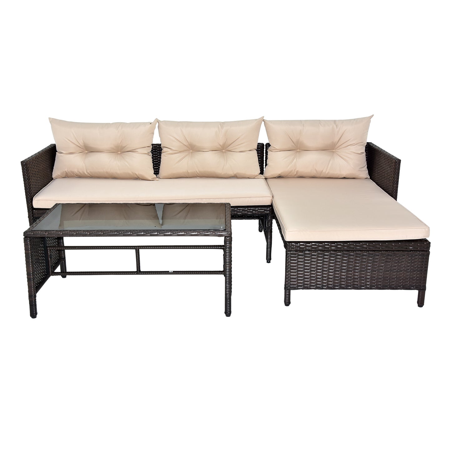 3-Piece Outdoor PE Rattan Furniture Set - Patio Black Wicker Loveseat Sofa