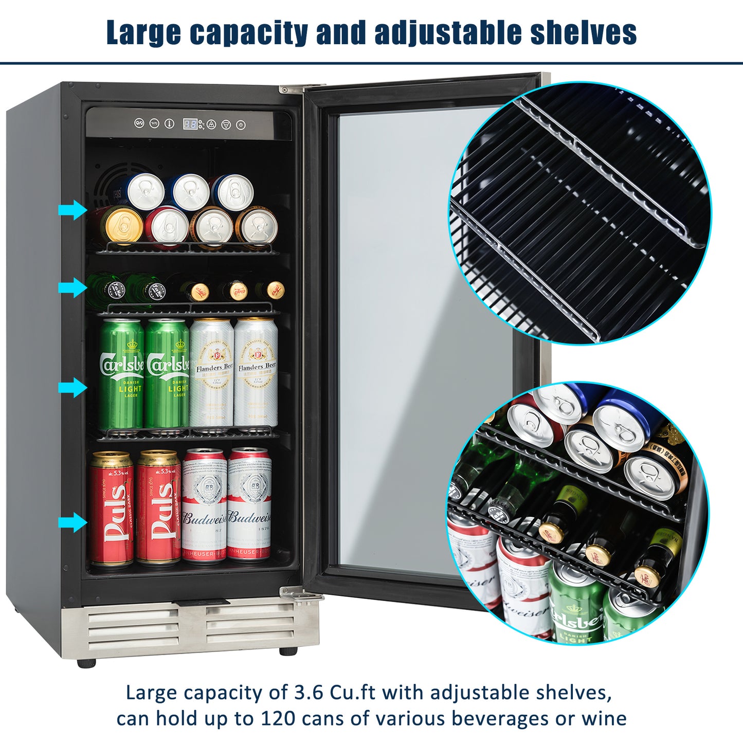 Premium 15-Inch Mini Beverage Refrigerator / Wine Cooler - 120 Cans, Built-in & Freestanding
