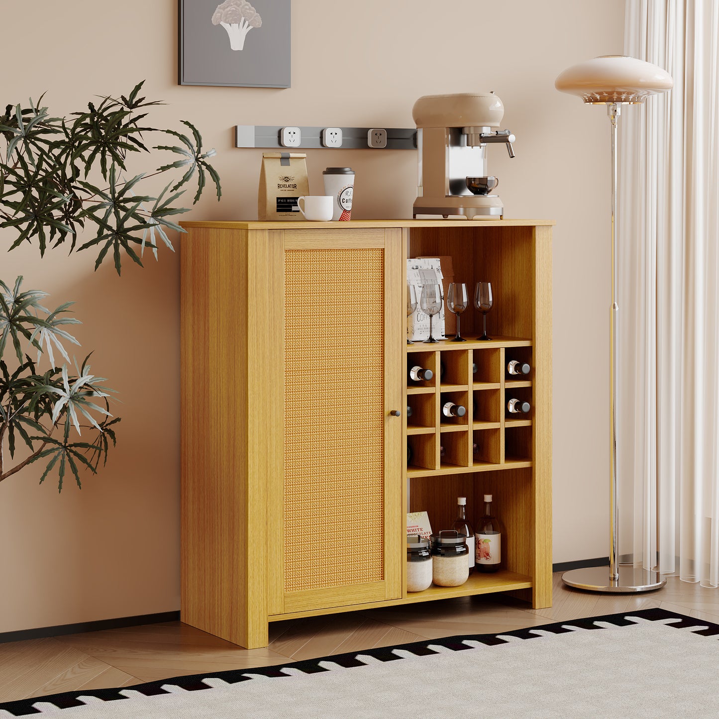 Rattan Storage Cabinet with Adjustable Shelves - Versatile Buffet & Bar