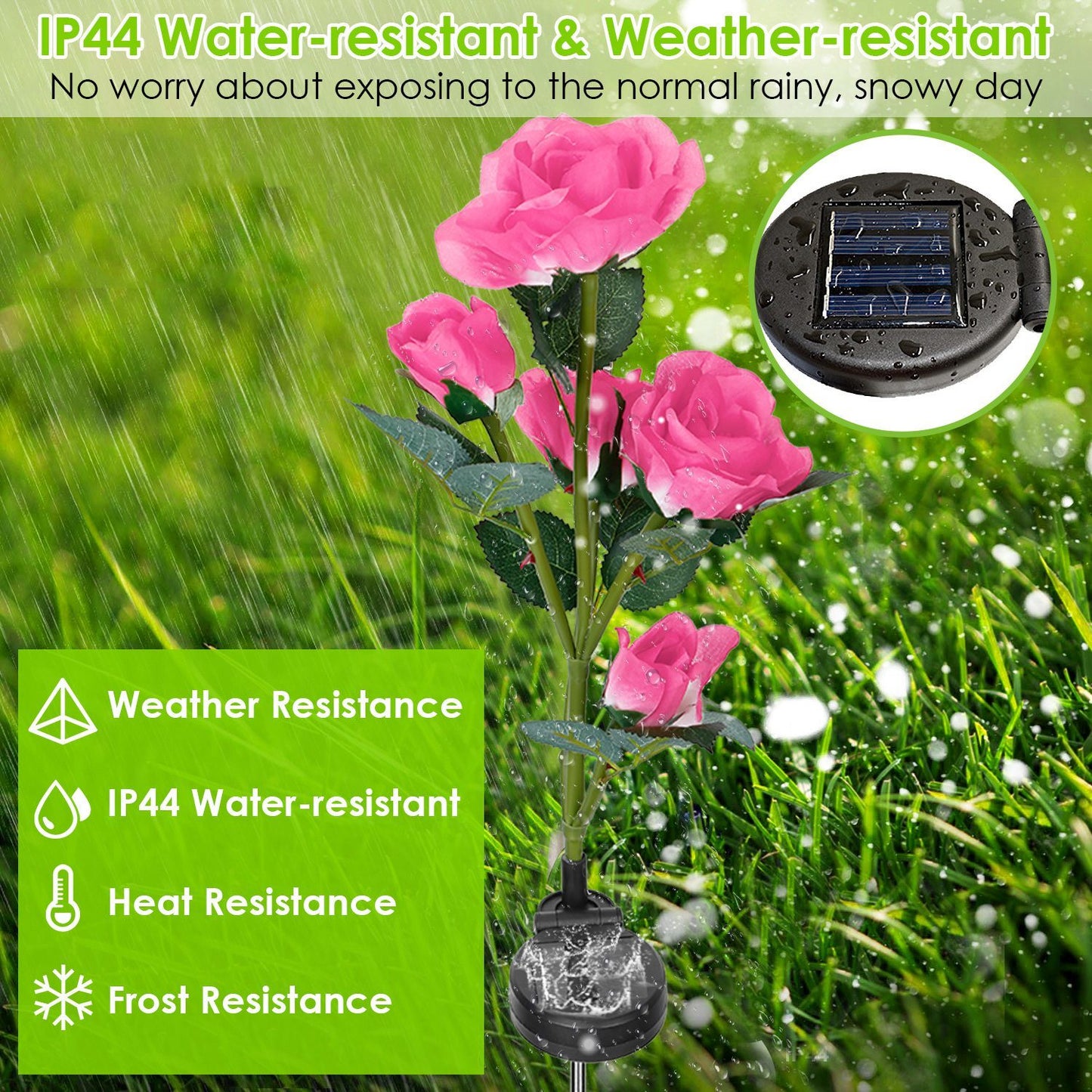 2Pcs Solar Powered Rose Flower LED Pathway Lights - Water Resistant