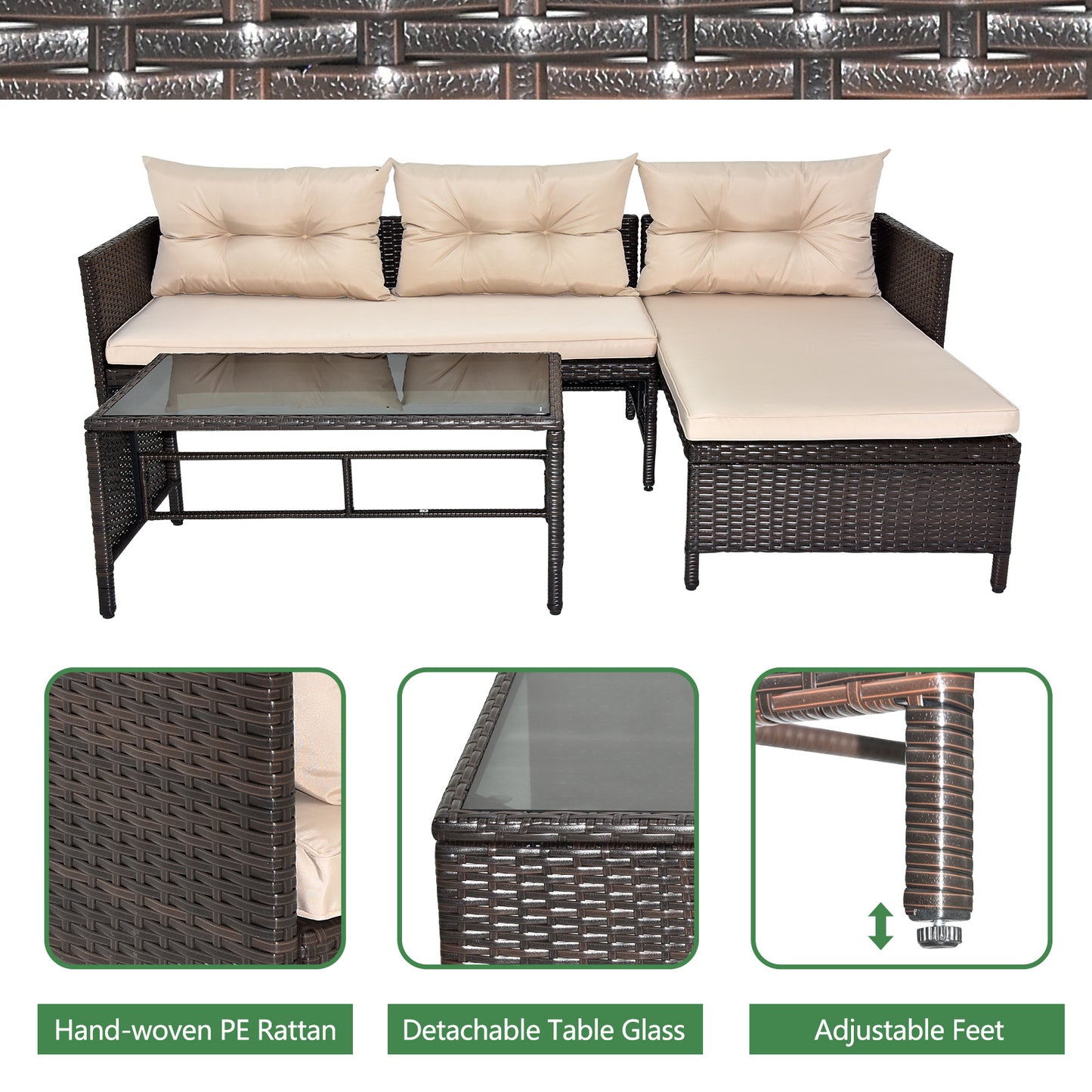 3-Piece Outdoor PE Rattan Furniture Set - Patio Black Wicker Loveseat Sofa
