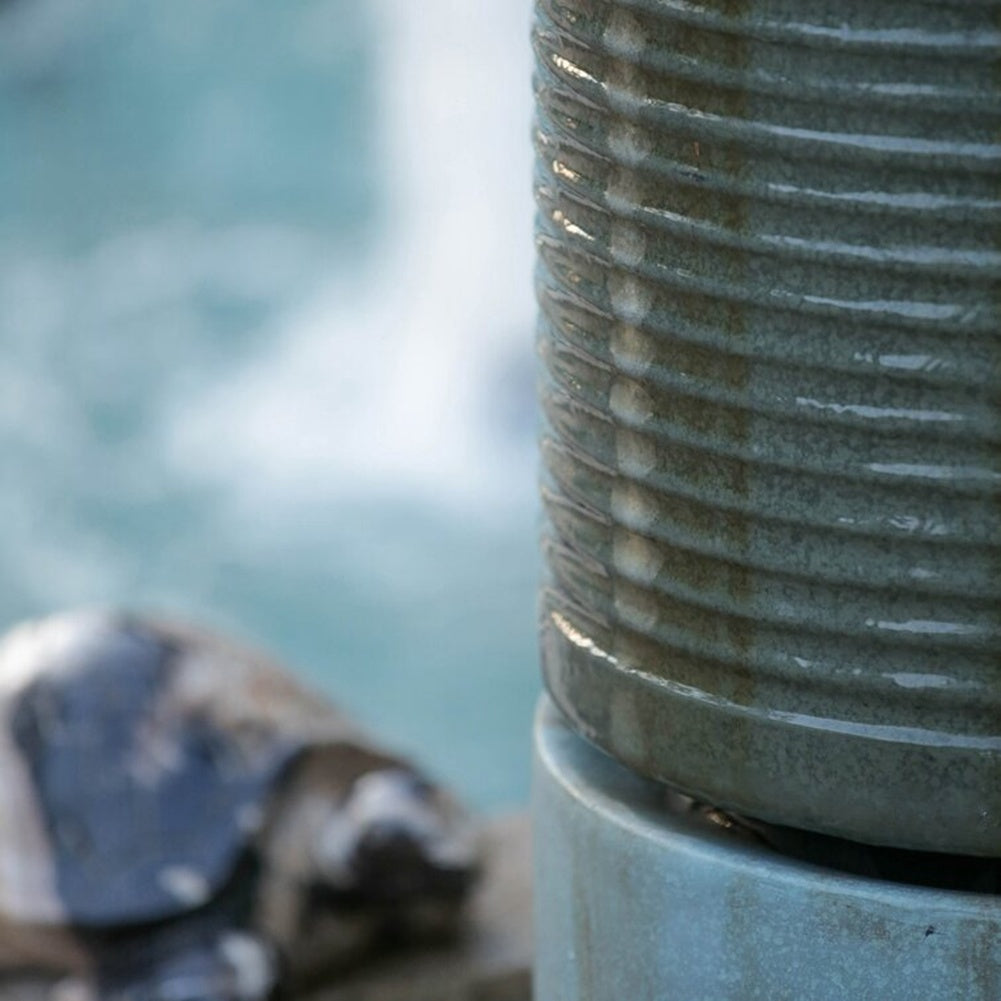 Large 44" Tall Round Green Ribbed Tower Water Fountain - Verge Bronze