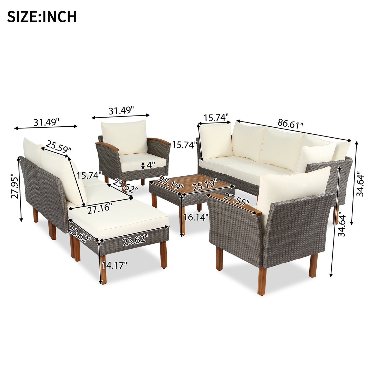 9-Piece Patio Rattan Furniture Set - Acacia Wood Legs & Tabletop