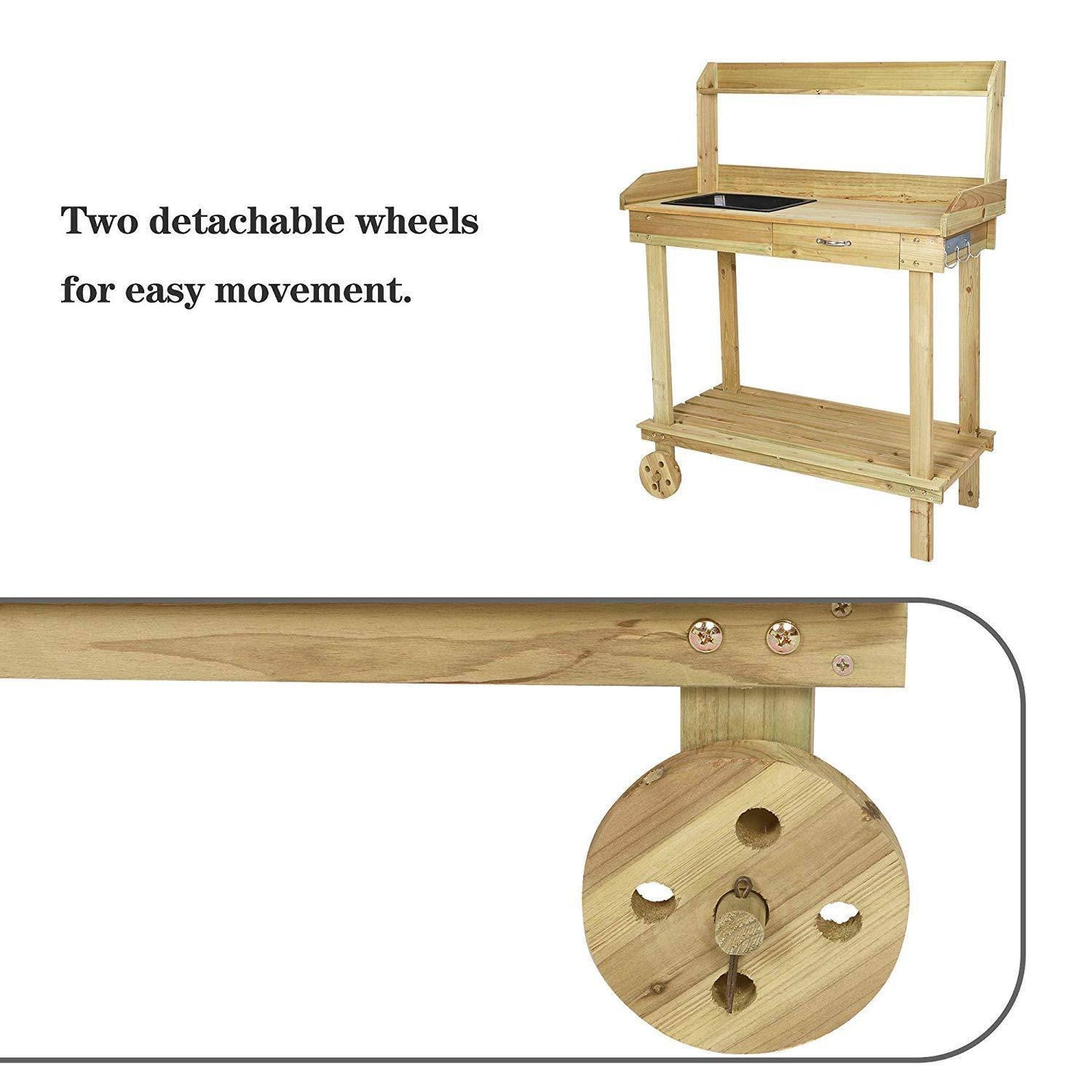 Wood Potting Bench Work Station Table with Tabletop Removable Sink Drawer Shelves Hooks on Wheels
