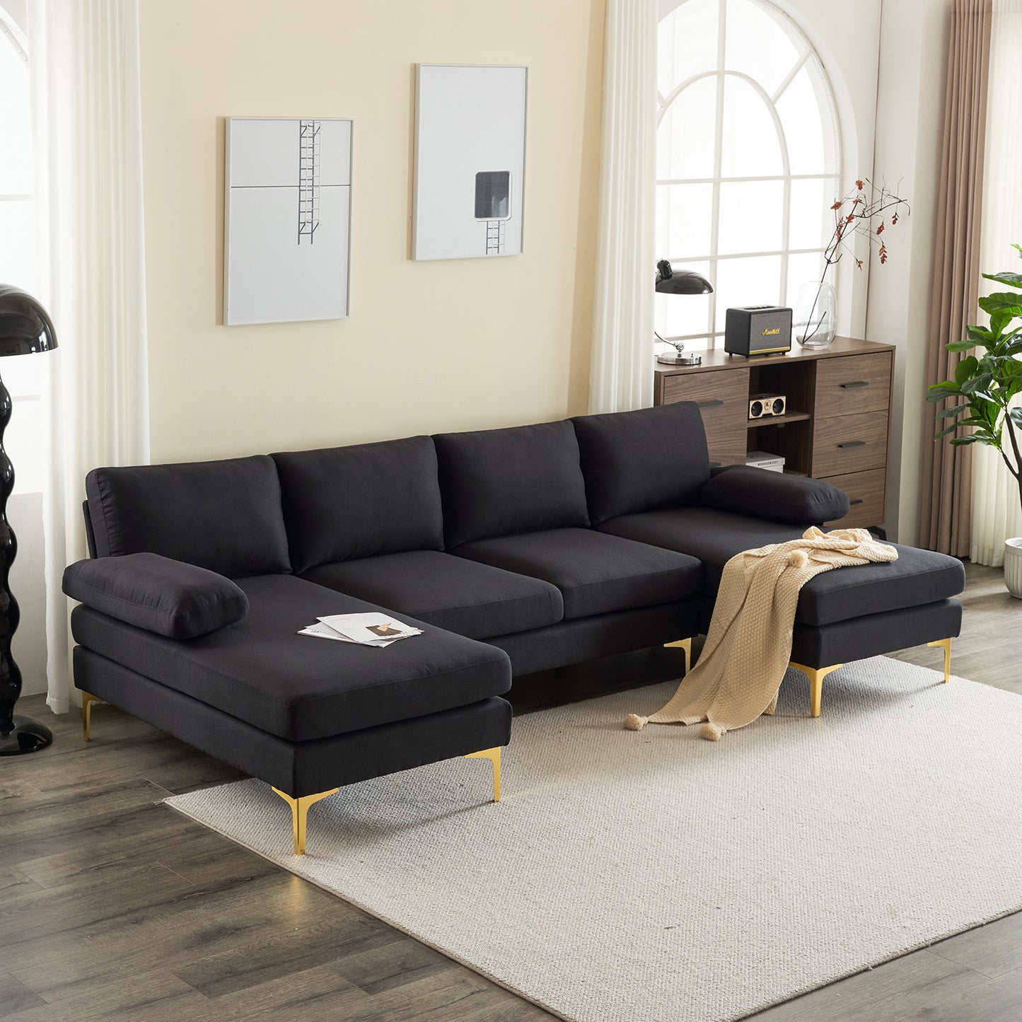 U-Shaped 4-Seat Modular Sofa - Black Linen with Golden Feet
