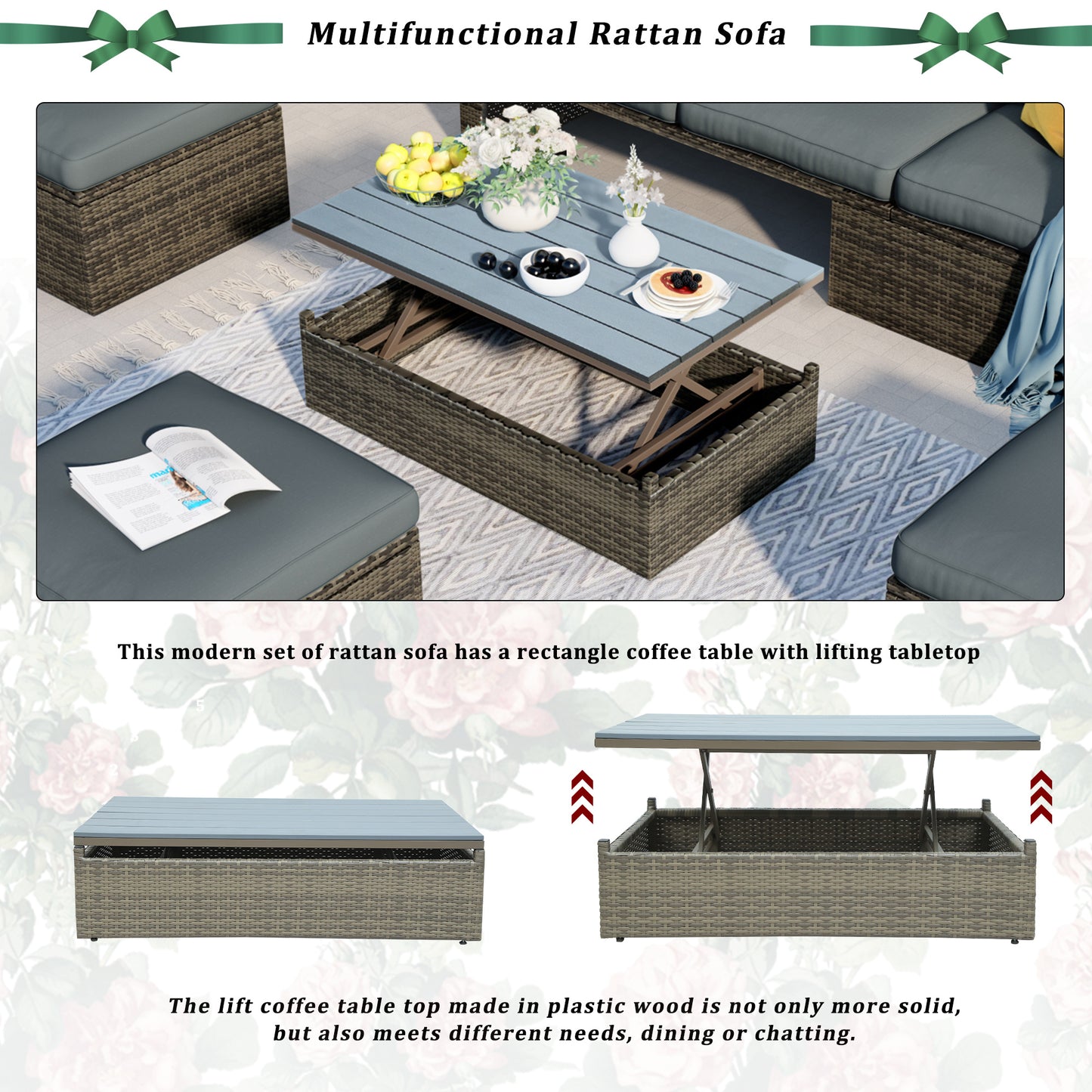 5-Piece Patio Wicker Furniture Set - Sofa, Ottomans & Lift Top Table