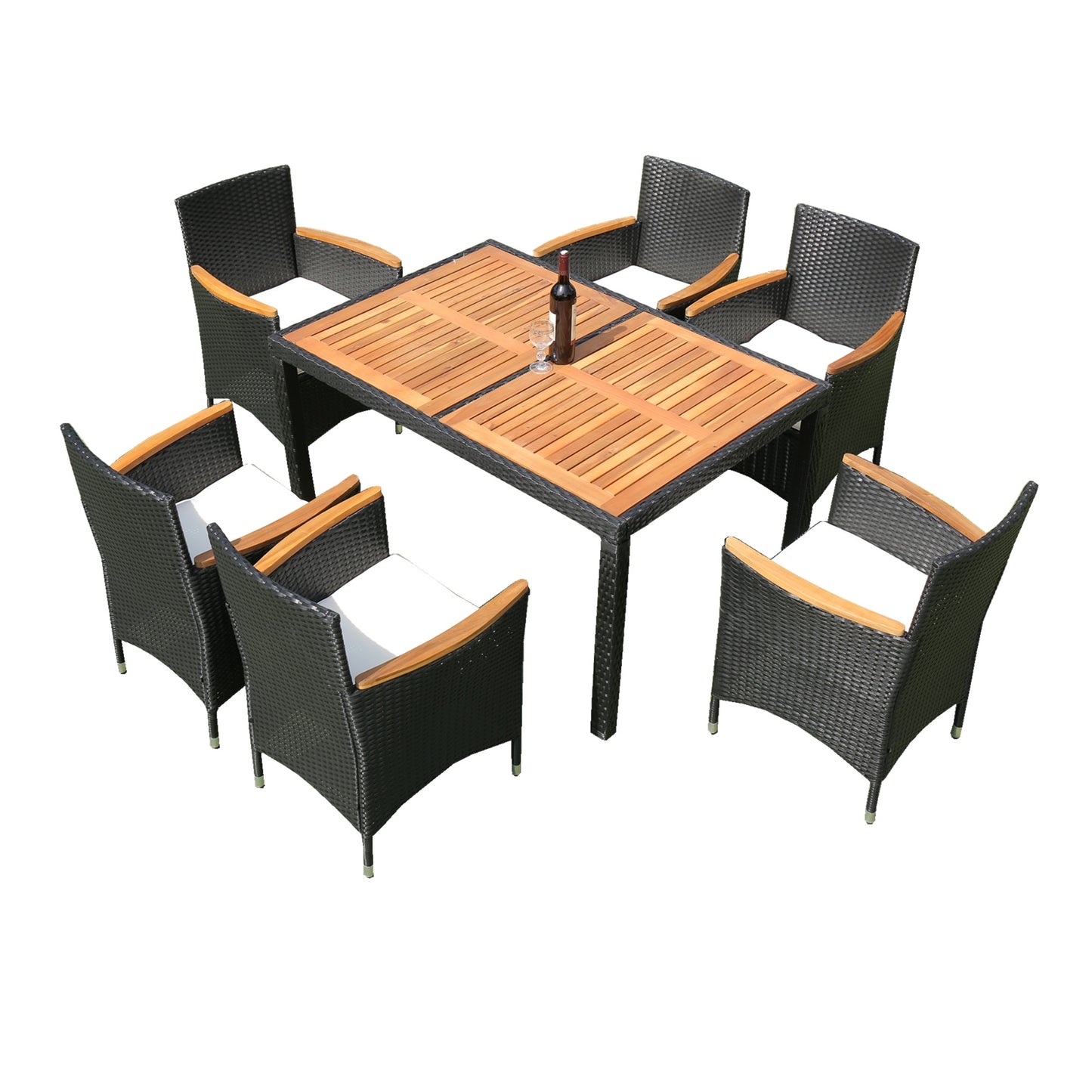 7 piece Outdoor Patio Wicker Dining Set Patio Wicker Furniture Dining Set w/Acacia Wood Top