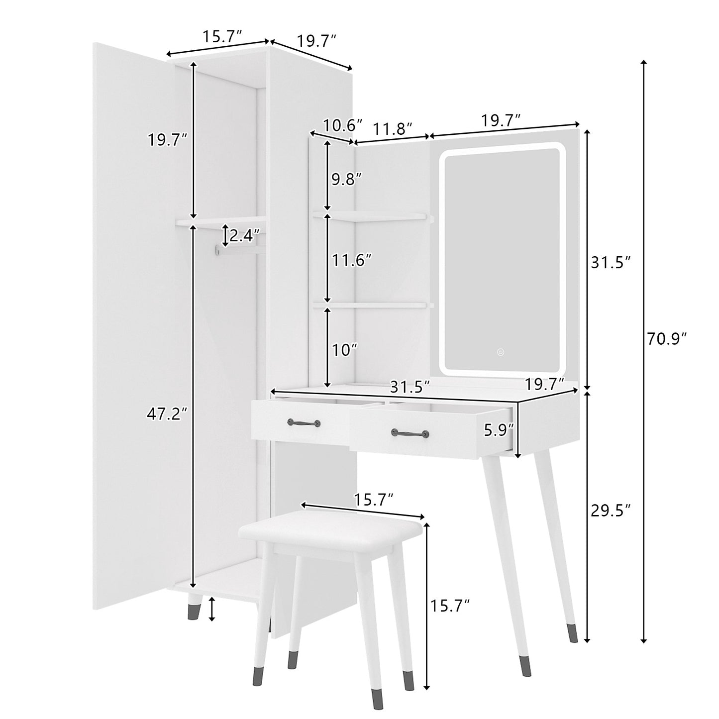 Makeup Vanity Table & Slim Armoire Wardrobe Set - White