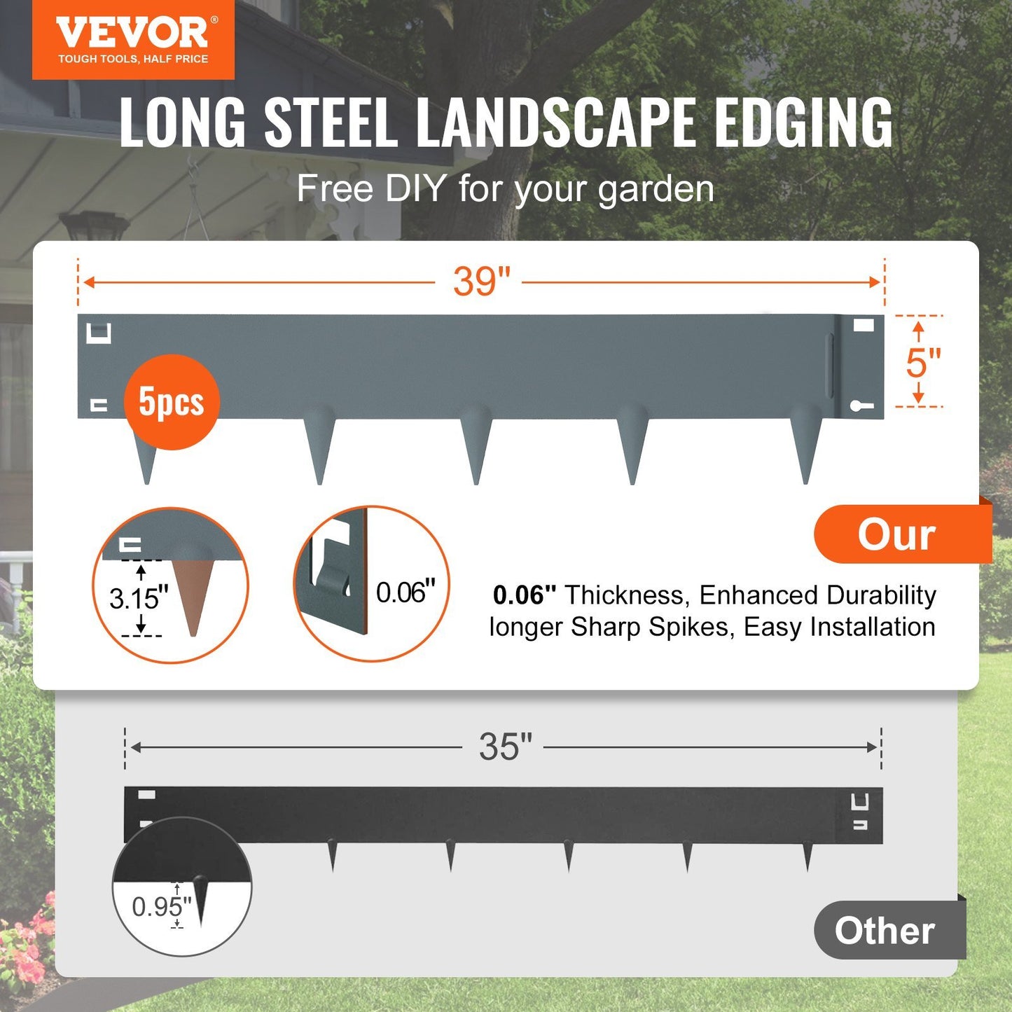 Steel Landscape Edging - 5-Pack Garden Borders, 39" x 5" Strips