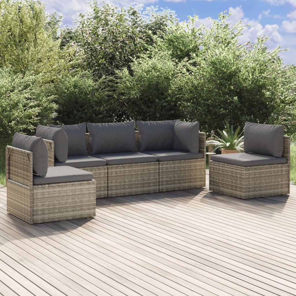 5 Piece Patio Lounge Set with Cushions Gray Poly Rattan