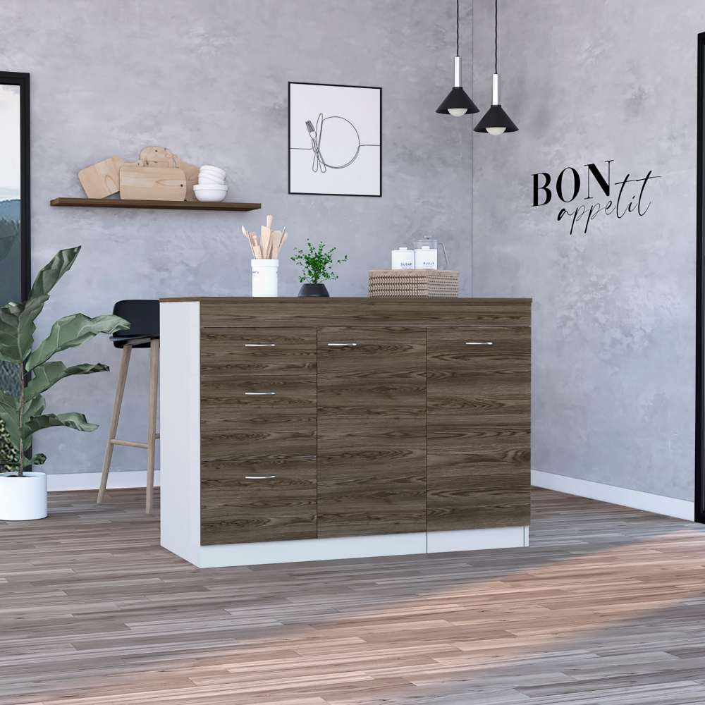 Kitchen Island Cabinet Metask - White/Dark Walnut, Three Drawers