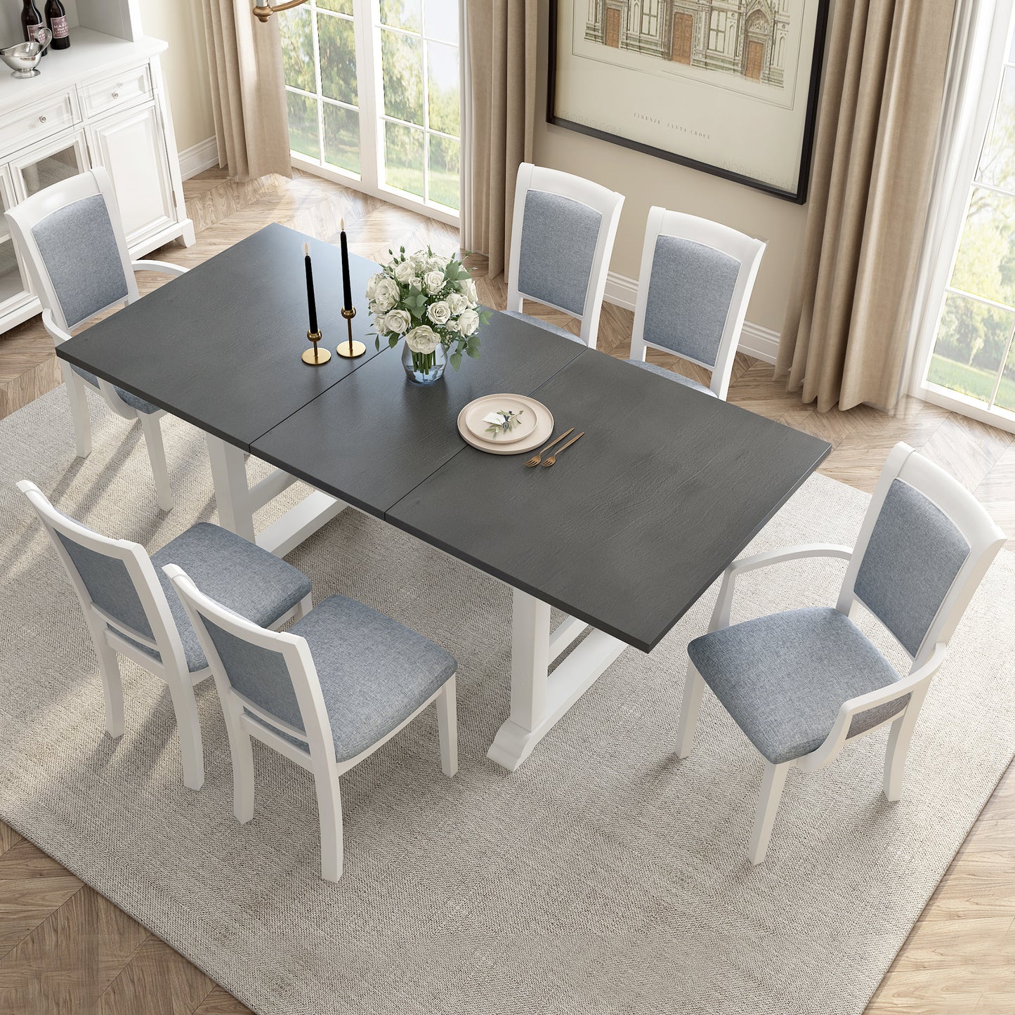 7-Piece Extendable Trestle Dining Table Set - White, 76.9" with Removable Leaf