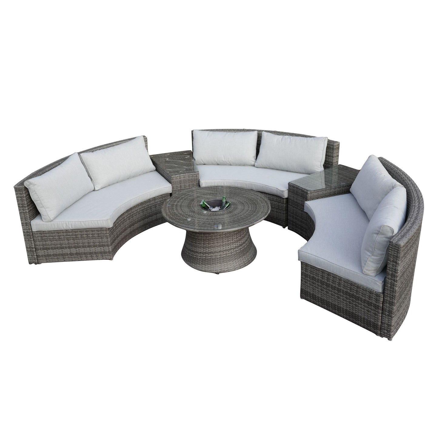 6-Piece Outdoor Furniture Half-Moon Wicker Sofa Set with Cushion and Coffee Table