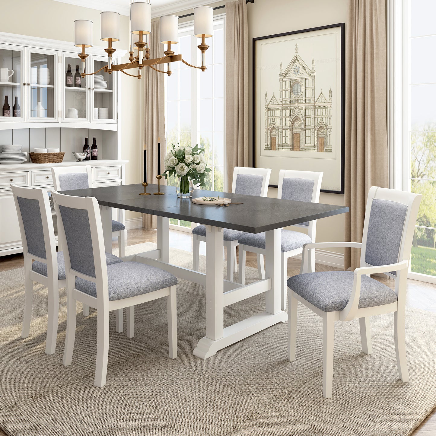 7-Piece Extendable Trestle Dining Table Set - White, 76.9" with Removable Leaf