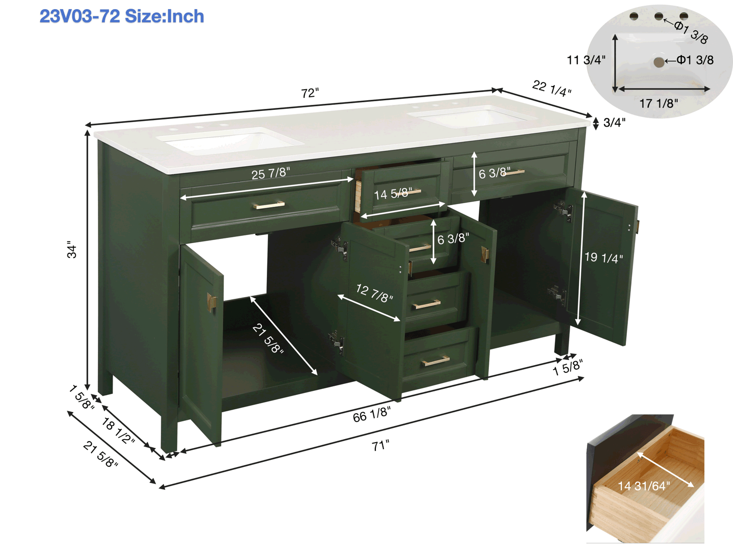 72-Inch Gray Vanity Sink Combo - Marble Countertop & Bathroom Sink Cabinet