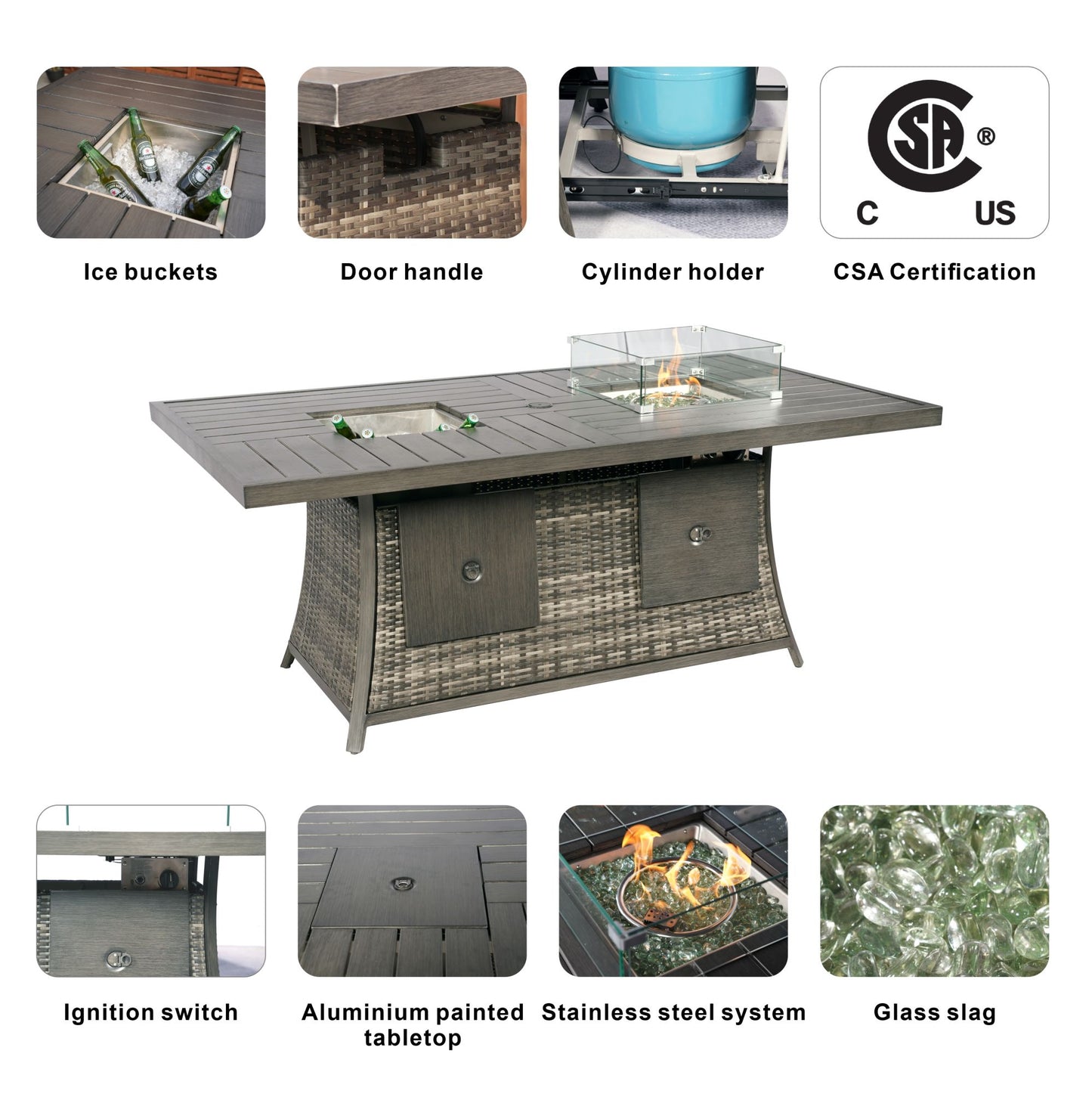 Wicker Outdoor Patio Furniture Set with Rectangular Fire Pit Table
