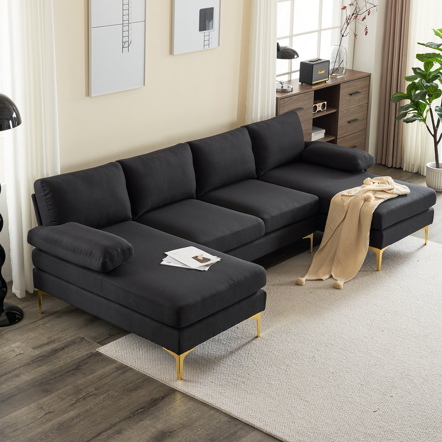 U-Shaped 4-Seat Modular Sofa - Black Linen with Golden Feet