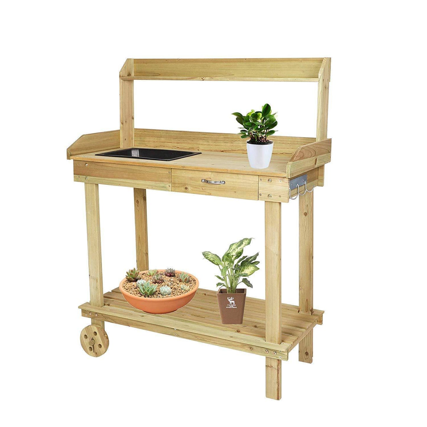 Wood Potting Bench Work Station Table with Tabletop Removable Sink Drawer Shelves Hooks on Wheels